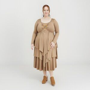 Noracora, Long Sleeve Midi Dress, Tan, 3-Tier Flowing Jersey Knit, Size XXL